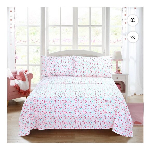 Kids White Floral Print Bedding Sheets, Full - Picture 1 of 4